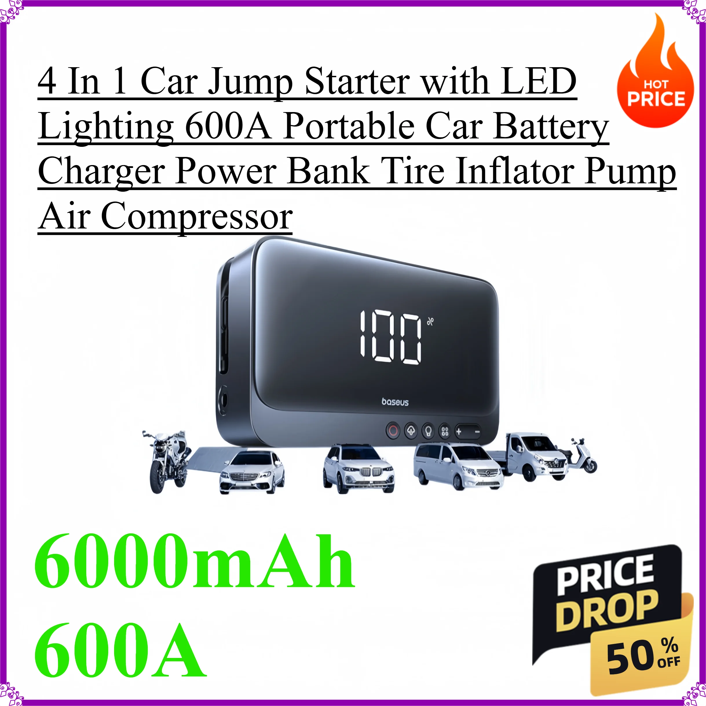 

4 In 1 Car Jump Starter with LED Lighting 600A Portable Car Battery Charger Power Bank Tire Inflator Pump Air Compressor
