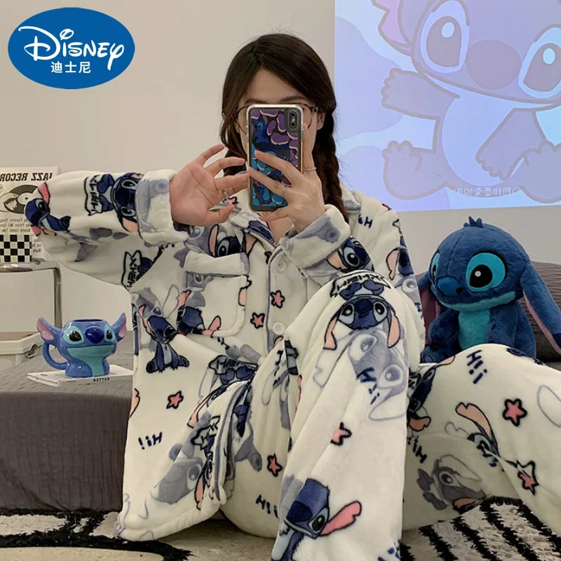 Disney New Flannel Soft Women's Winter Pajamas Thickening Lapel Cardigan 2 Piece Outfit Set Women Cute Stitch Pajamas  Girls