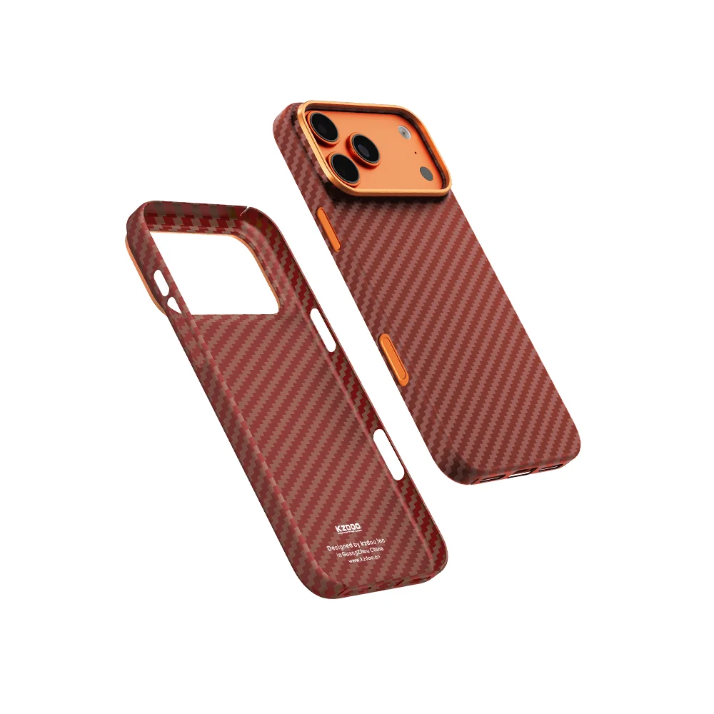 

KZDOO Keivlar оригинальный оранжевый квадратный корпус из углеродного волокна с рамкой для камеры, прочный классический тонкий тонкий чехол для iPhone17/17air/17pro/17promax