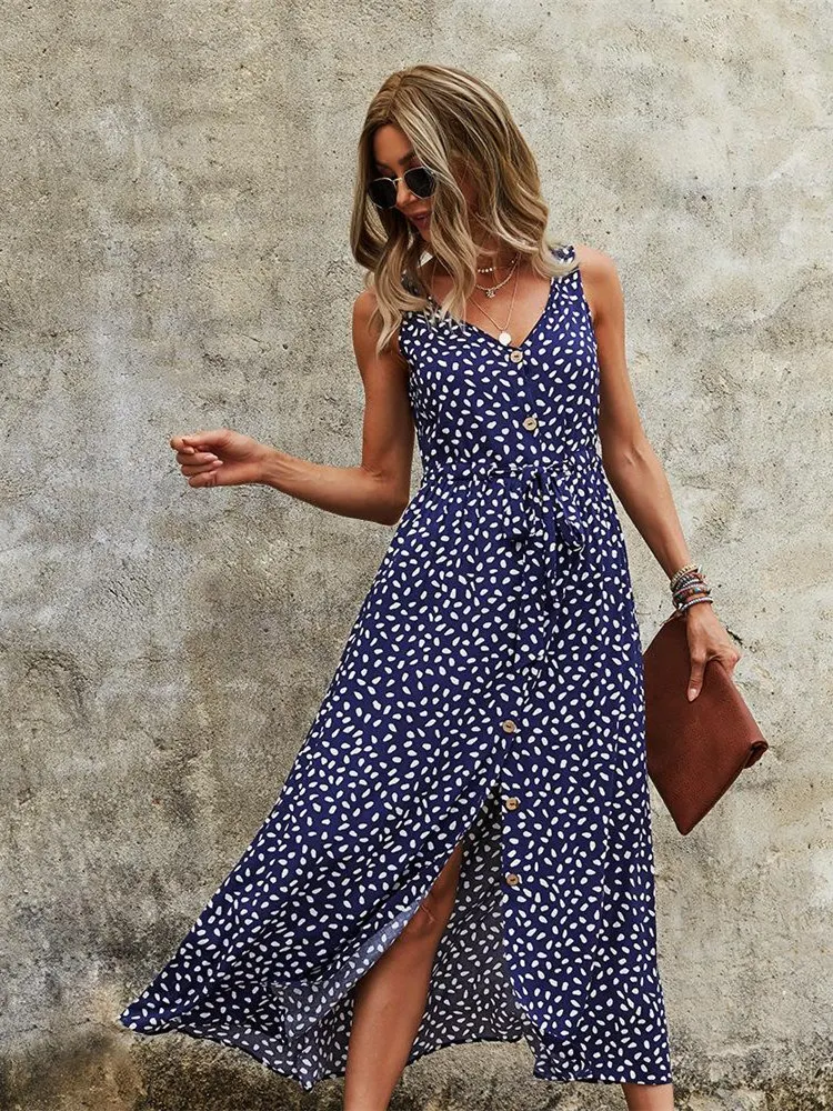 V Neck Print Sleeveless Causal Long Dress Women Fashion Spring Summer Dress with Belt