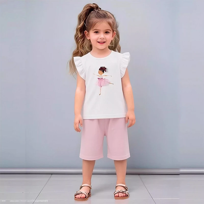 Little Maven 2026 Sommer Baumwoll-Sets für Babys und Mädchen, Kinderkleidung, Cartoon-Ballett-Tänzer-T-Shirts, Oberteile + Hosen