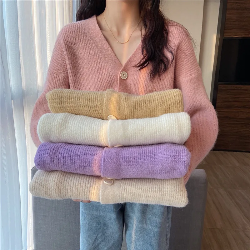 Cardigan women sweater 2026 Spring autumn V-neck long-sleeved solid color loose knitted coat women's sweater clothing
