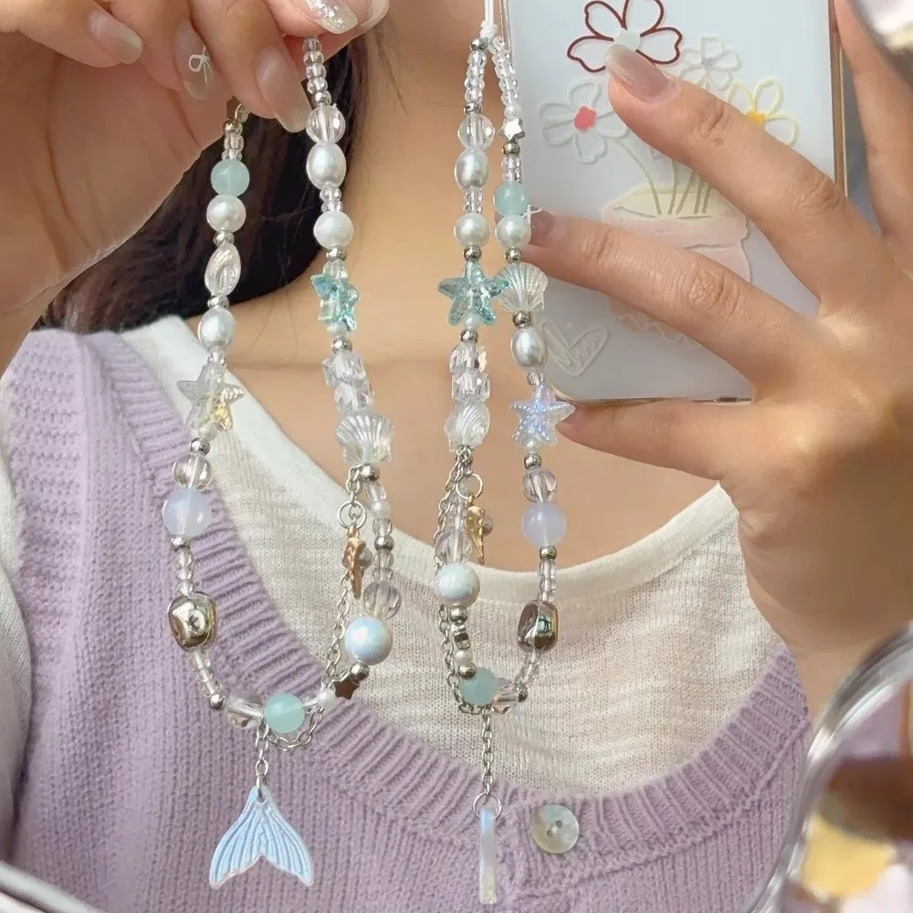 

Charm Dreamy Design Mermaid Phone Chain Conch Beaded Sea Shell Lanyard Vibrant Beaded​ Fish Tail Pendant Keychain​