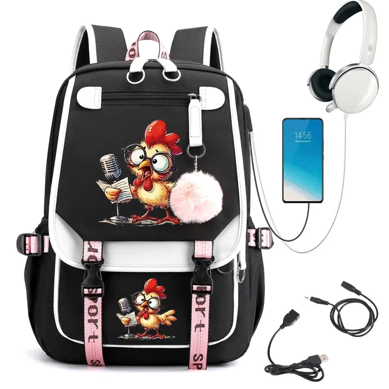 Mochila escolar con estampado de pollo para niñas, bolsa de viaje con carga Usb, Kawaii, Anime