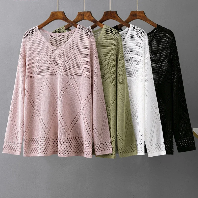 Spring Summer Hollow Out Knit Tshirts Women Causal Loose V-neck Sunscreen Tee Long Sleeve Pullover Thin Knitwear Top Sexy Jumper