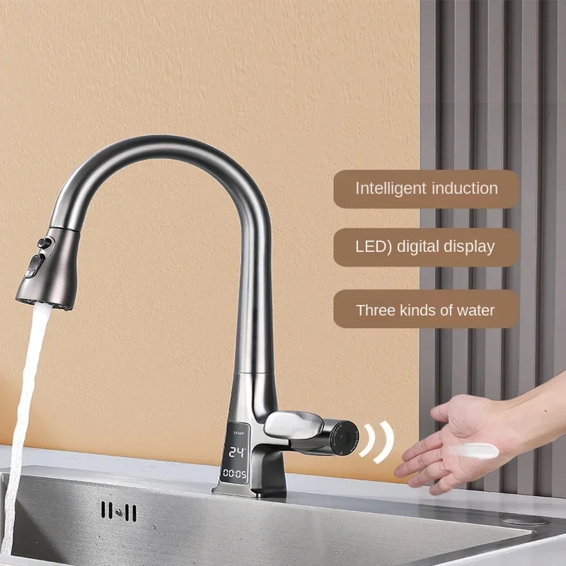 Temperature Display Pull-Out Kitchen Faucet Smart Infrared Sensor Water Mixer Tap Three Modes Spout for Cold and Hot