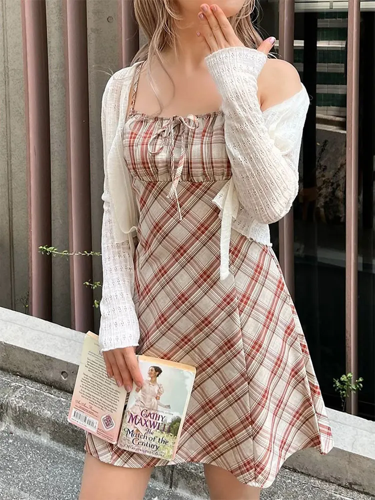 Women Sling Dresses Summer New Streetwear Fashion Plaid Print Lace-up Zippers Dress Female Sexy Backless Knitted Dress Clothing