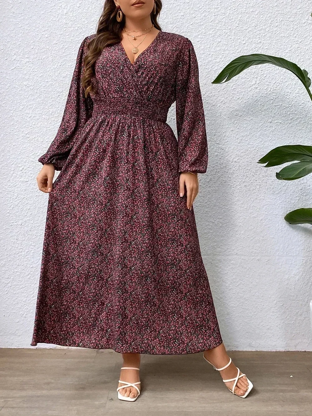 Damskie Plus Size 1XL-5XL Ditsy kwiatowy nadruk z rękawem i rękawem sukienki z dekoltem w szpic sukienka Maxi z talią