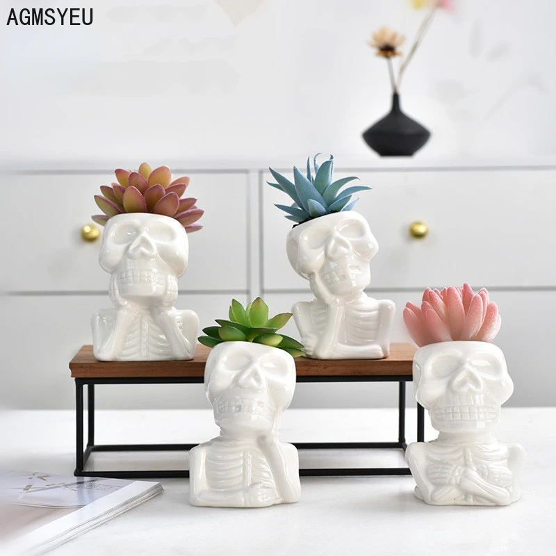 

Home decor Creative white porcelain succulent flower pot Personalized Skull Flower Tool Desktop ornaments Garden decoration vase