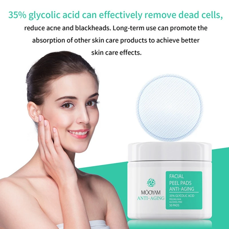 

50 Pads 35% Glycolic Acid Acne Treatment Peeling Off AHA Alcohol Free Anti-Aging Oil Control Salicylic Unclog Pores Shrink Care