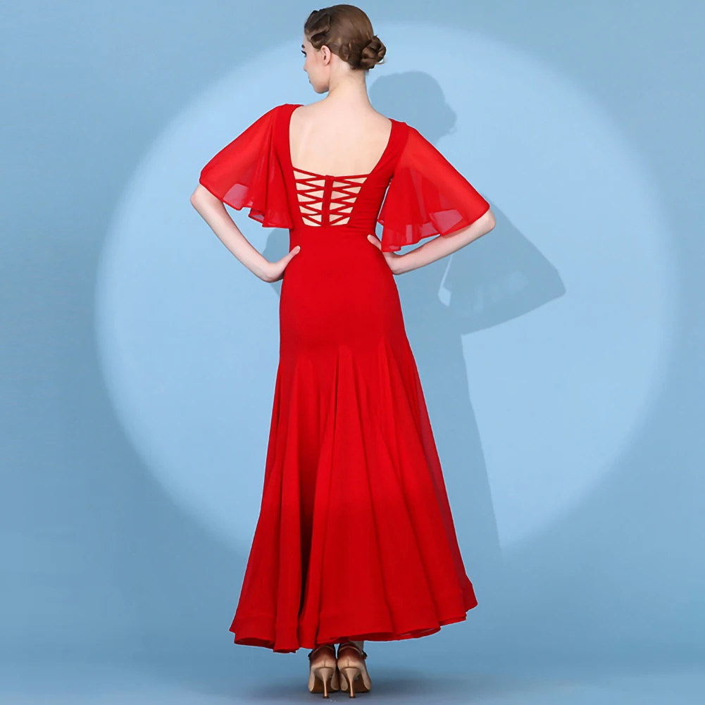 Vestido largo negro con cuello en V, vestido de competición estándar, vestido de Flamenco de gasa sin espalda, vestido de práctica de baile de salón