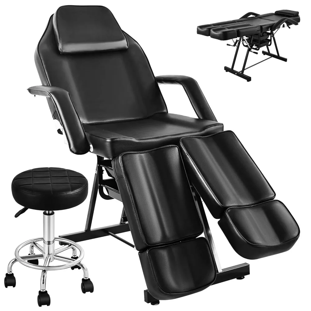 

Black Tattoo Client Chair with Split Legs Design, Multipurpose Lash Facial Spa Salon Bed with Massage Equipment Stool, Ergonomic