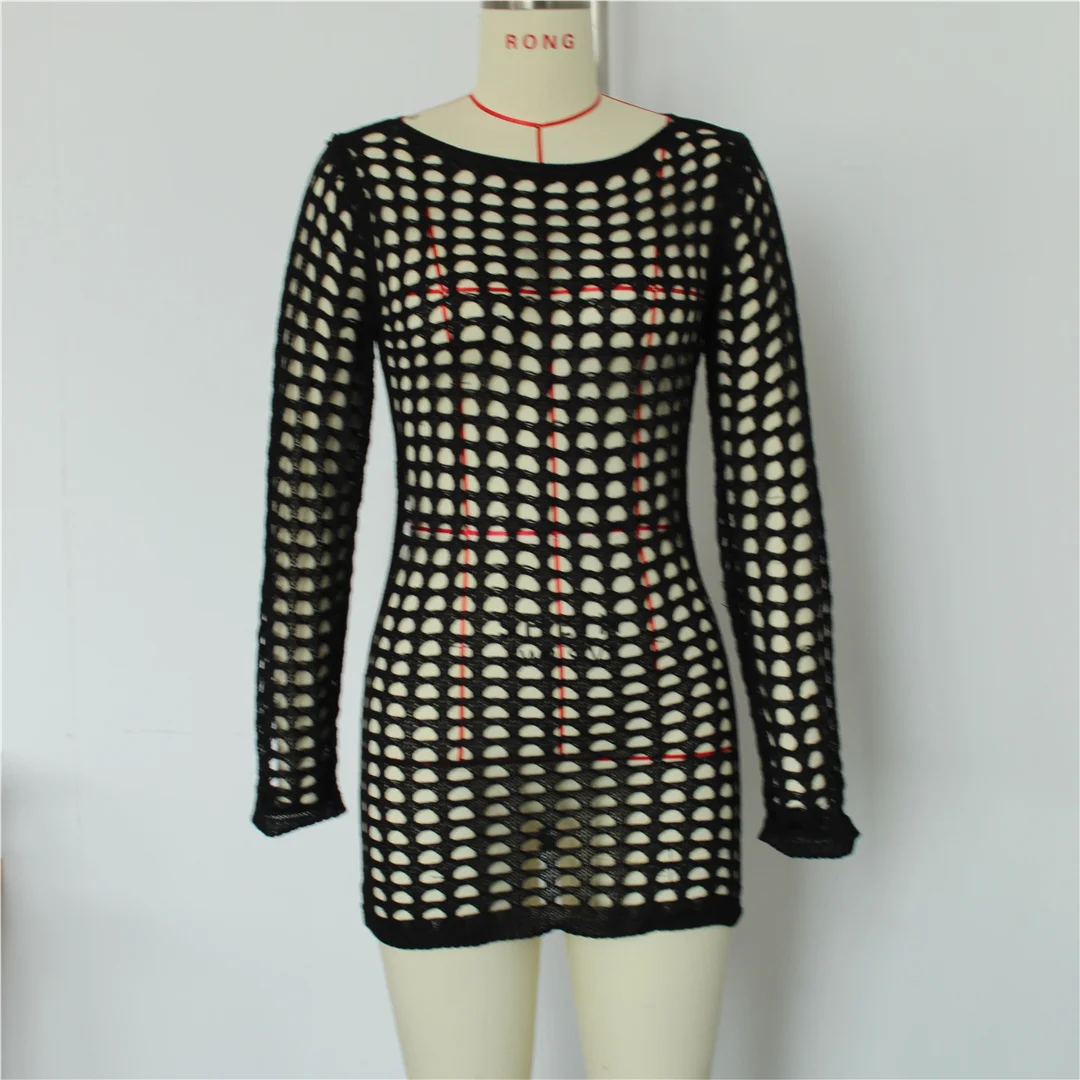 Langarm-Tunika mit Aushöhlungen, einfarbig, gehäkelt, gestrickt, Strandkleid, Strandmode, Damen V8510 – Detail 17