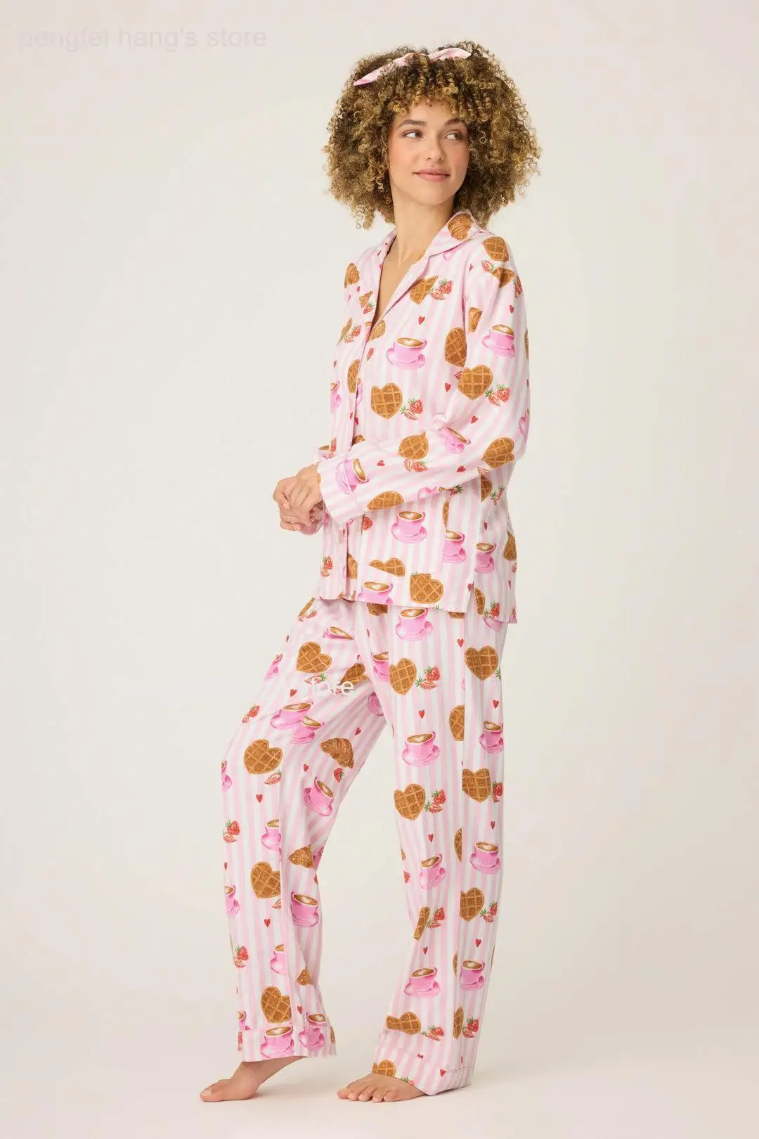 Women 2Pcs Loungewear Pajama Set Brushed Cotton Cute Cartoon Pattern, Spring Autumn Long Sleeve Top & Trousers Comfort Homewear