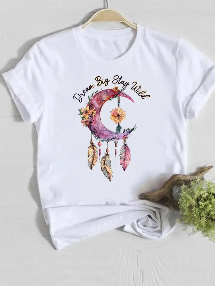 Camiseta de manga curta estampada com flores feminina, camiseta feminina, roupas casuais, aquarela, moda doce dos anos 90, camiseta gráfica para senhora