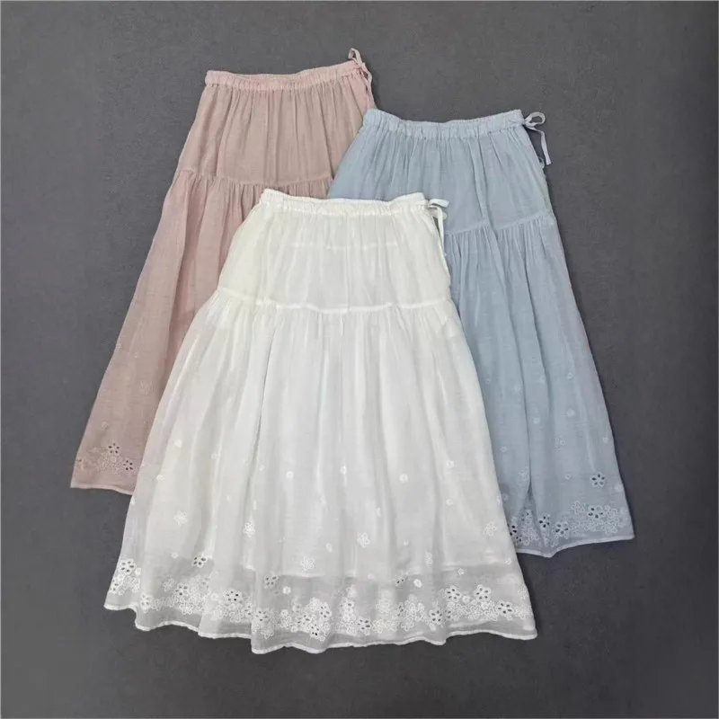Johnature Summer French Embroidery Three-dimensional Flower Skirt Women   New Vintage Ramie Elastic Waist Skirts