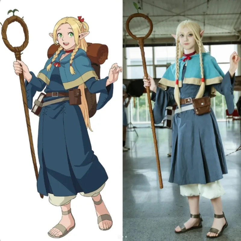 Marcille Falin Cosplay Costume Delicious in Dungeon Elf Mage White Robe Blue Cape Outfit Full Set for Women Halloween