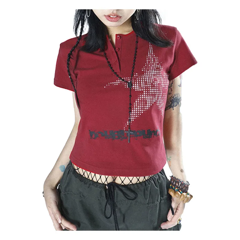 

РетроВинтажная футболка в стиле Y2K со звездным принтом, дизайнерская футболка в стиле панк, готический топ на пуговицах, городская уличная одежда, повседневная рубашка с графикой