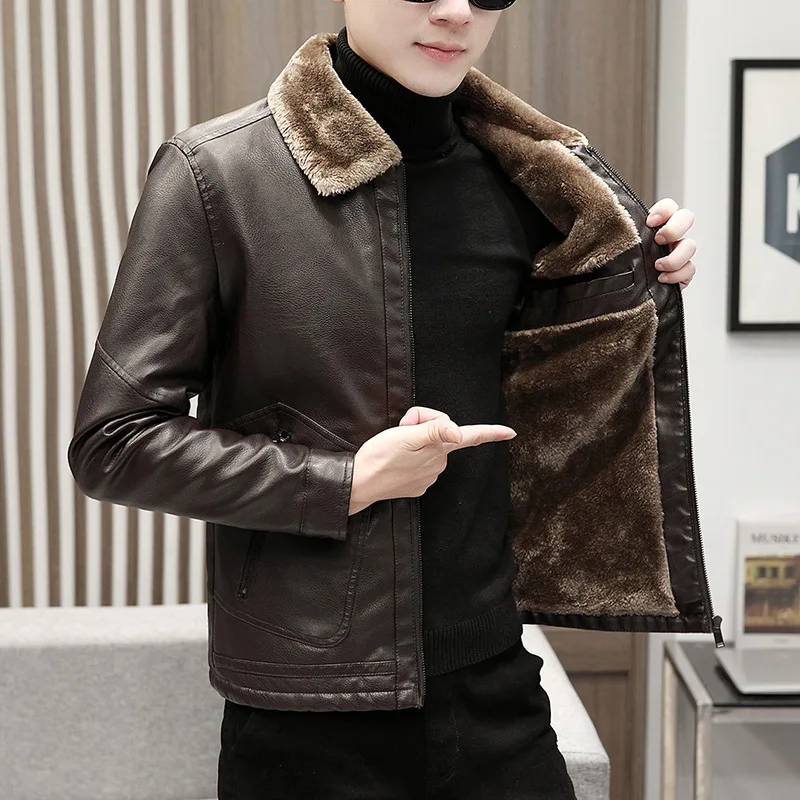 

Winter New Mens Leather Jacket Fur Collar PU Middle-aged Lapel Coat Casual Biker