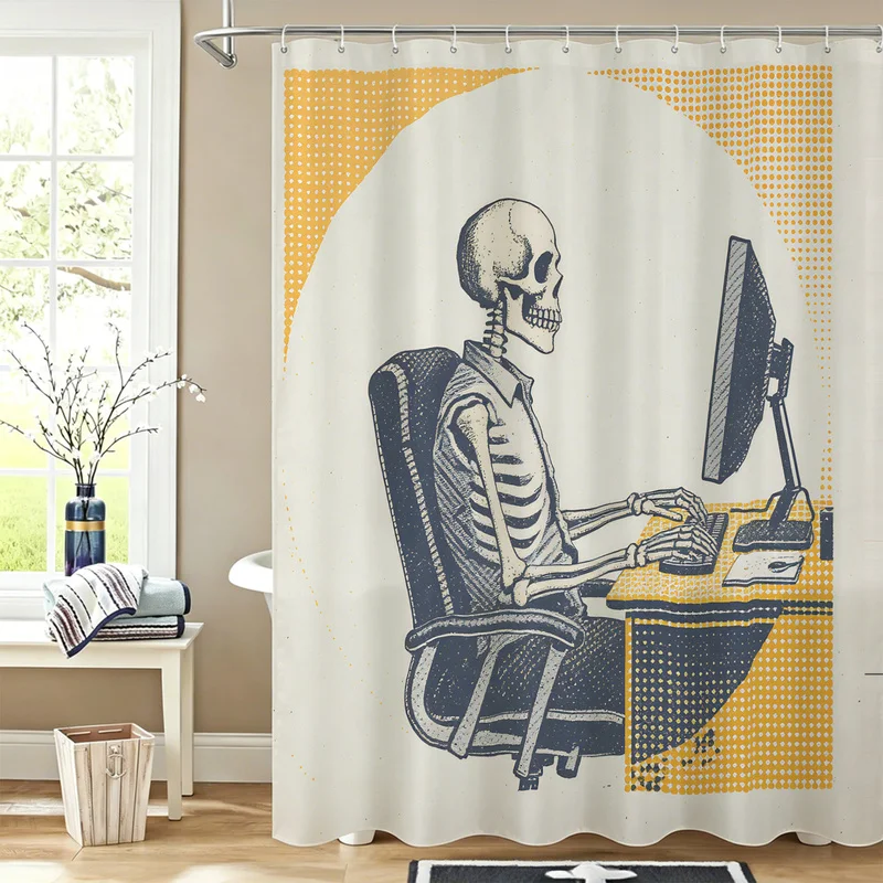 Skeleton Office Worker Shower Curtain Gothic Skull Typing On Computer Print Bath Curtains With Hooks Waterproof Bathroom Decor