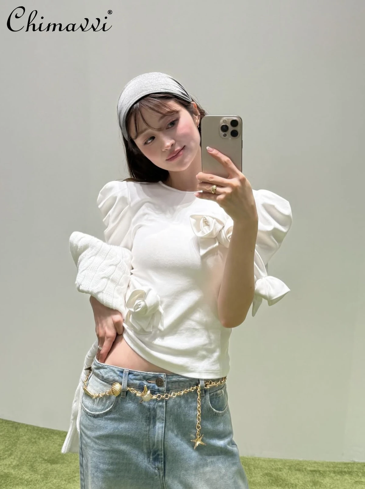 

Japanese Sweet Three-dimensional Rose Crew Neck Y2k Top 2025 Autumn New Temperament Princess Bubble Sleeve Slim Women's T-shirt