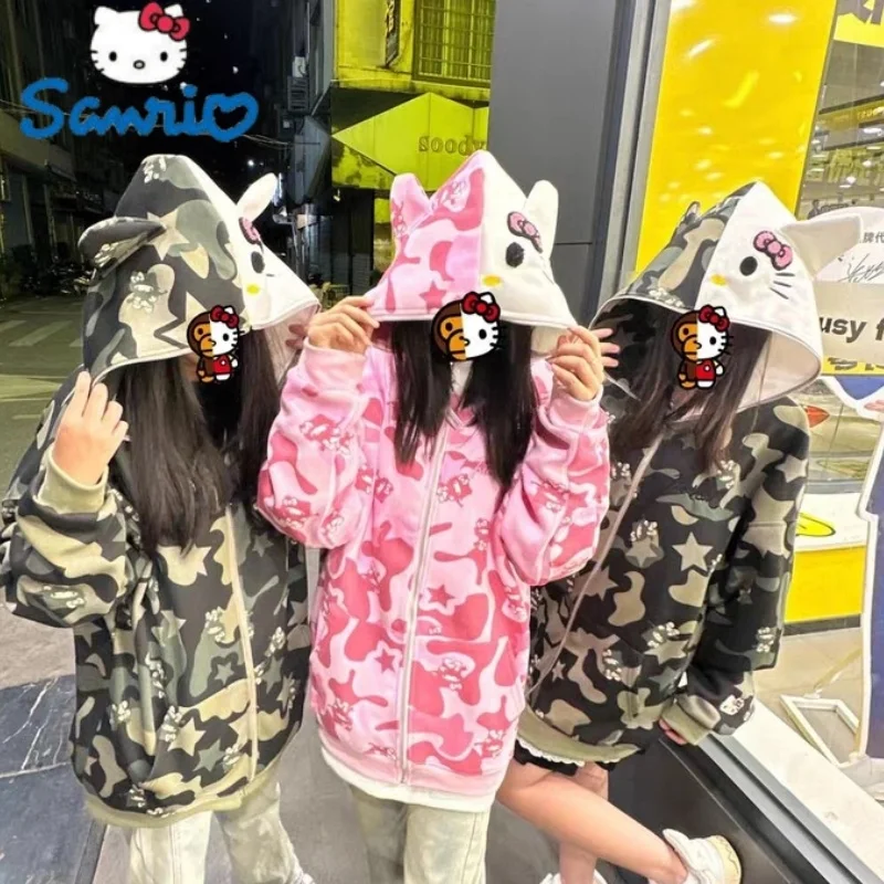 Sanrio Hello Kitty Zipper Cardigan Hoodie Y2k Cartoon Camouflage Blouse Sweatshirts Autumn Long Sleeve  For Female Jacket