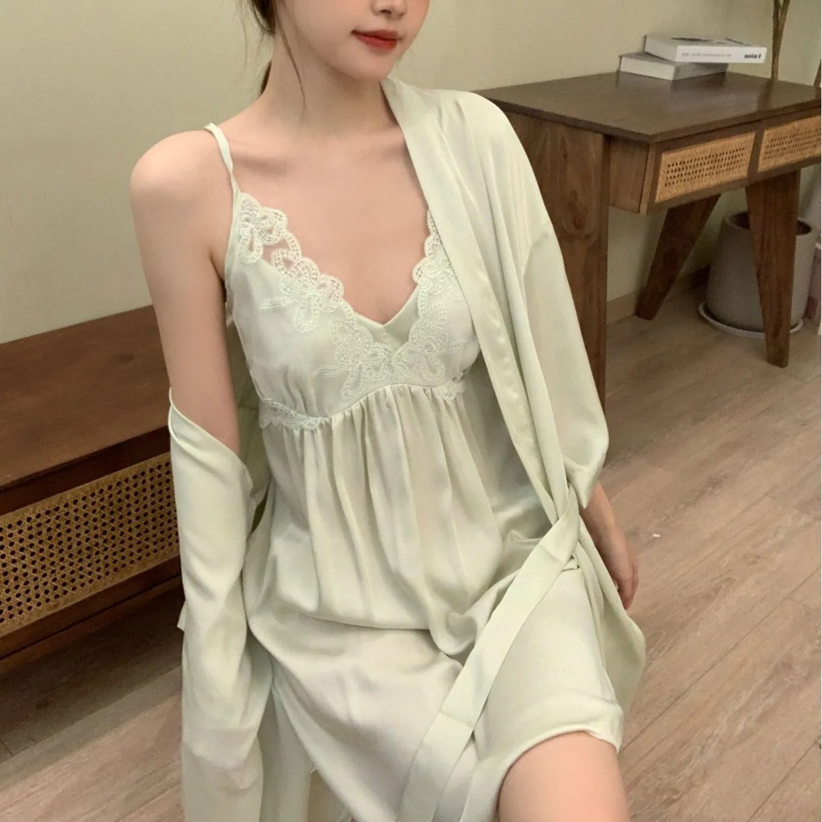 V-Neck Bride Bathrobe Gown Suit Women Kimono Robe Set Sexy Sleepwear Nightsuits Lace Hollow Out Nightgown Loungewear image 4