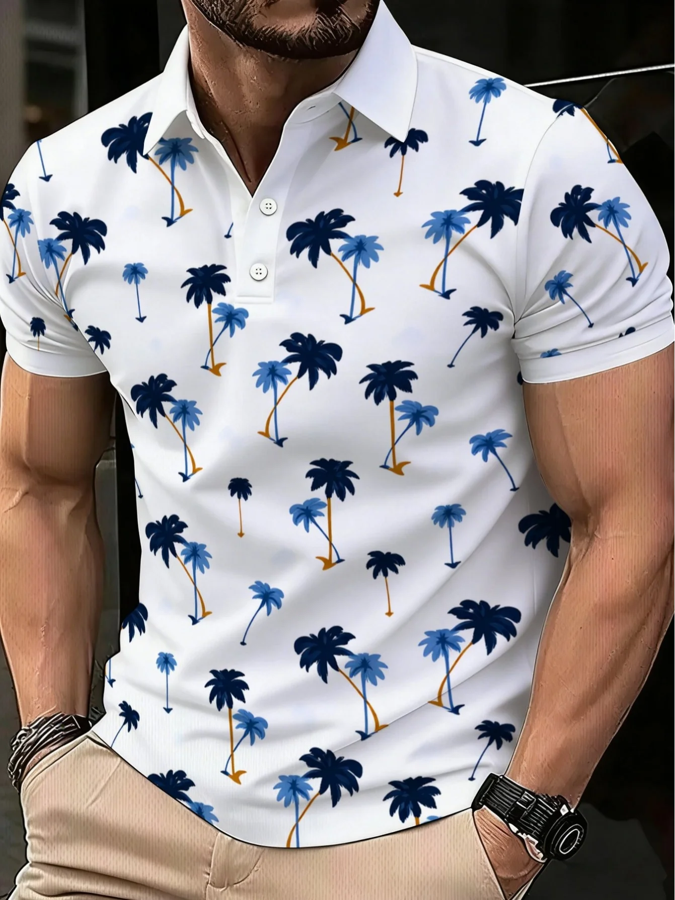 New men's short-sleeve polo shirt T-shirt, loose-fitting and tailored with printed patterns, versatile basic crew-neck top suita