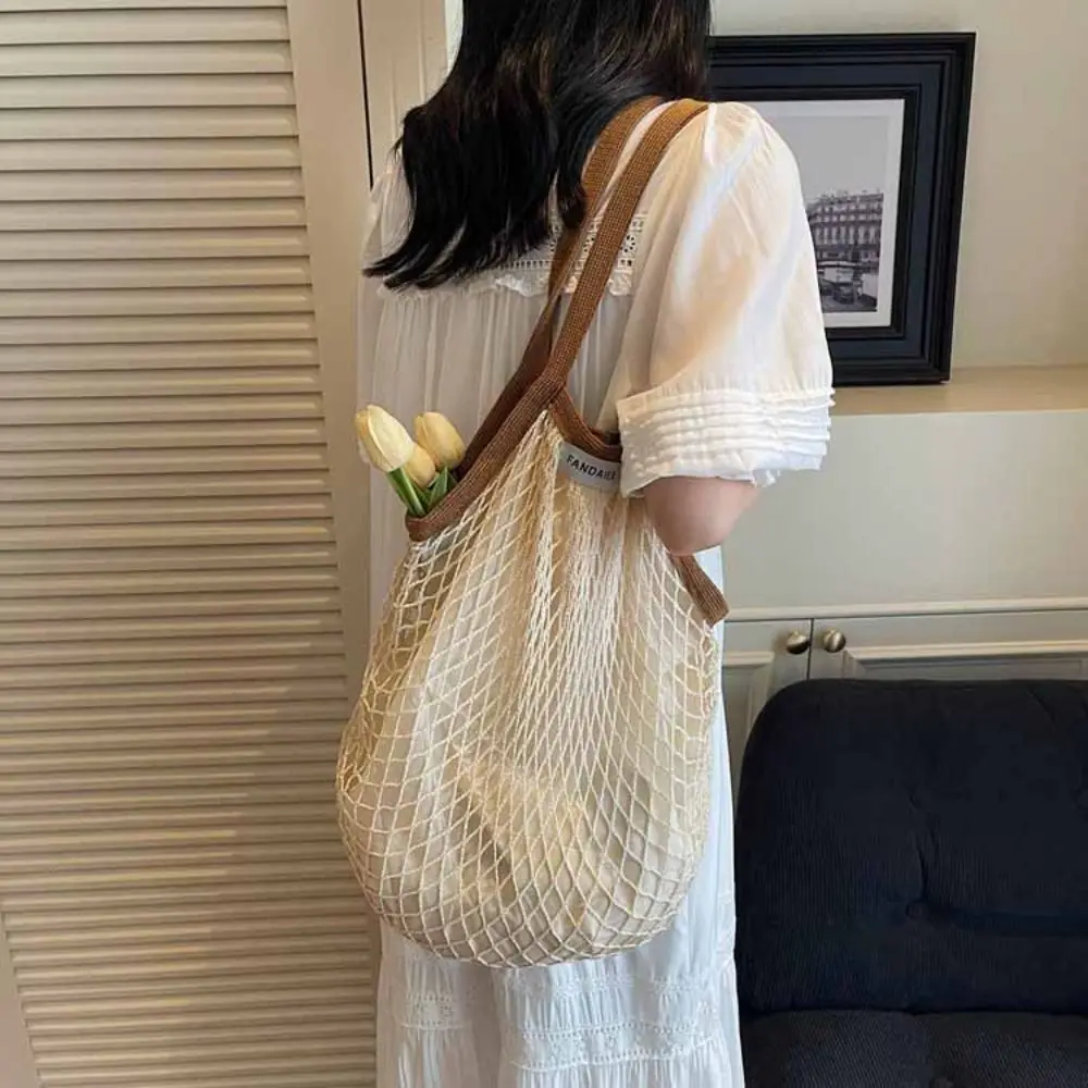 

Polyester Hollow Woven Shoulder Bag Large Capacity Pockets Mesh Handbags Korean Style Edge Covering Summer Beach Tote Bags
