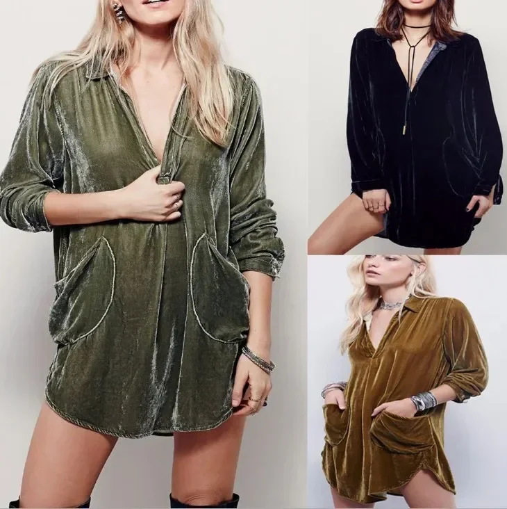 

2023 New Autumn Women's Dresses V-neck Loose Long-sleeved Gold Velvet Shirt Dress