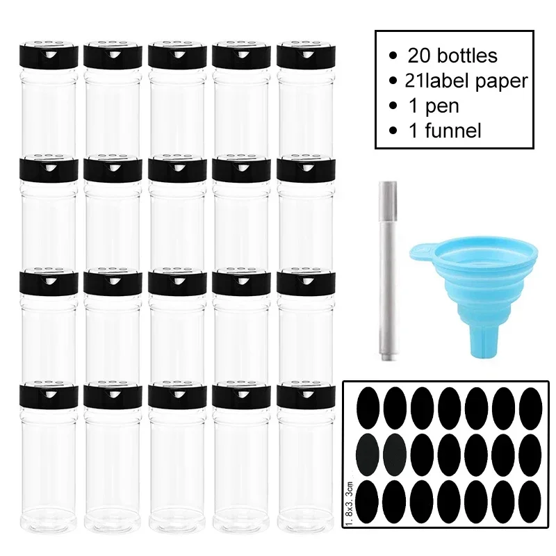 4/10/15/20pcs Spice Jars with Labels Plastic Transparent Spice Bottle Containers for Spices Pepper Salt Kitchen Spice Jar