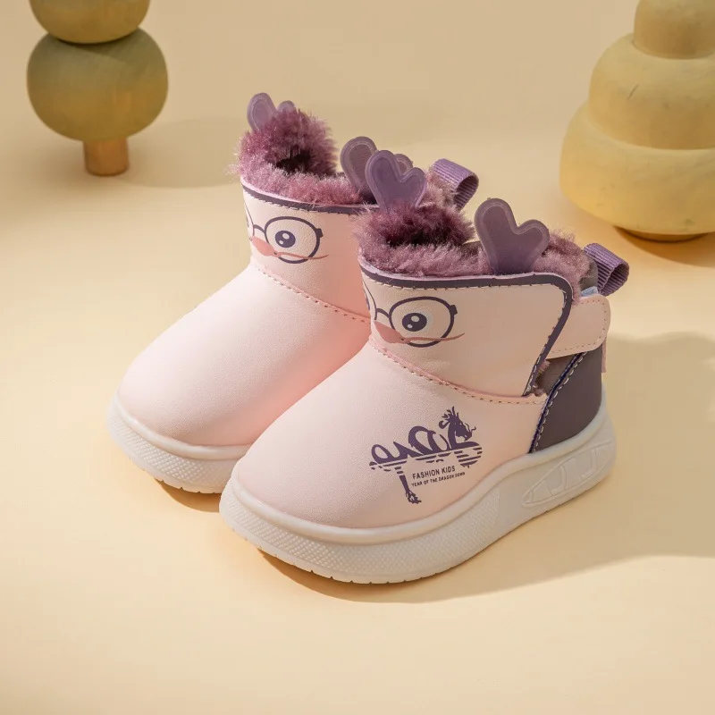 أحذية أطفال كاجوال أحذية الكاحل من جلد البولي يوريثان أحذية شتوية للأولاد مطبوعة مضادة للانزلاق دافئة سميكة القاع كاكي ​   حذاء وردي مقاس 16-25