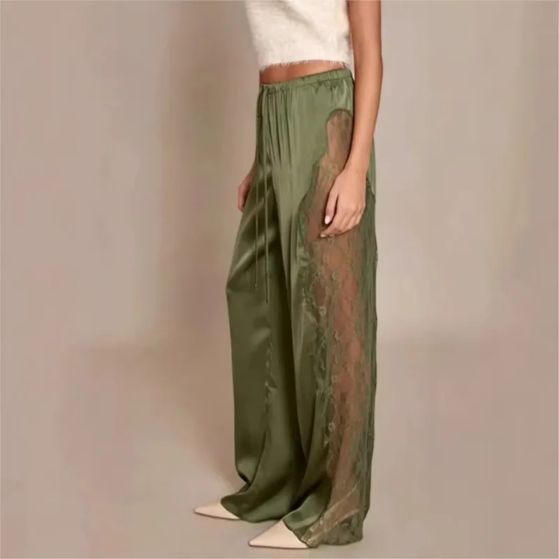 Fashion Satin Lace Patchwork Design Pants  French style Perspective Solid Color Lace-Up Pants Lady Stylish Trouser High Street
