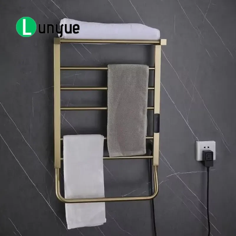 Brushed Gold Electric Towel Warmer Waterproof Wall Mounted Constant Temperature Heating Rack for Bathroom Home Drying