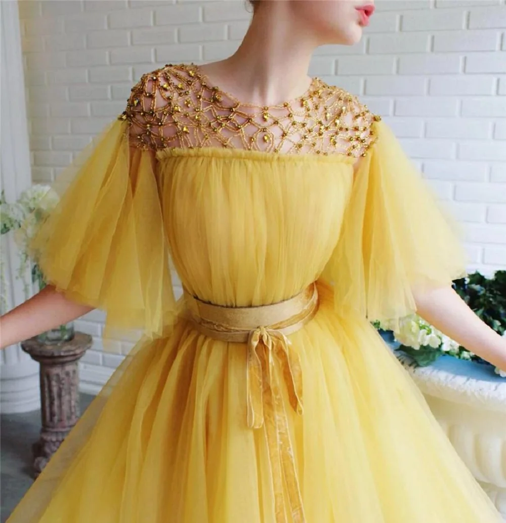 Yellow O-Neck Lotus Leaf Sleeve Evening Dresses Women Elegant Belt Tulle Prom Gown Dress Floor Length Cocktail Dress For Party