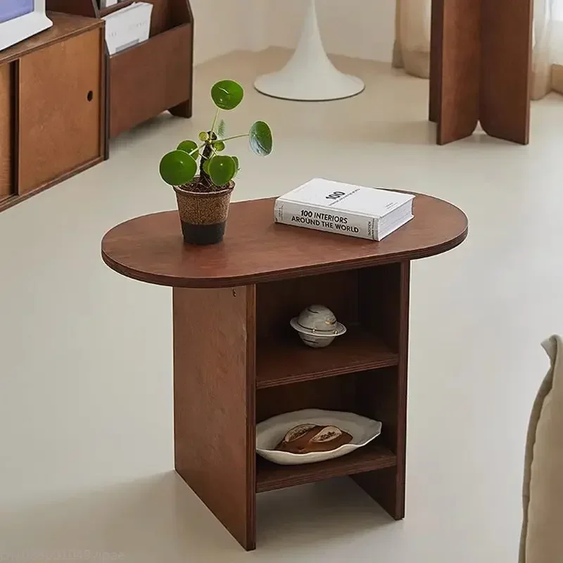 Solid Wood Oval Side Table With 2 Tier Storage Shelf Open Shelf End Table For Living Room And Bedroom