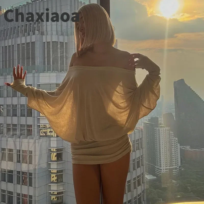 Chaxiaoa Off Shoulder Sheer Mini Dress Outfits for Women Sexy Long Sleeve Ruched Party Dresses Bodycon Solid Color Robe Femme