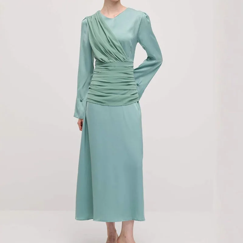 

Elegant Patchwork Draped Slim Satin Long Dress Women O-neck Waist Maxi Dress Casual Long Sleeve Solid Color Party Dress