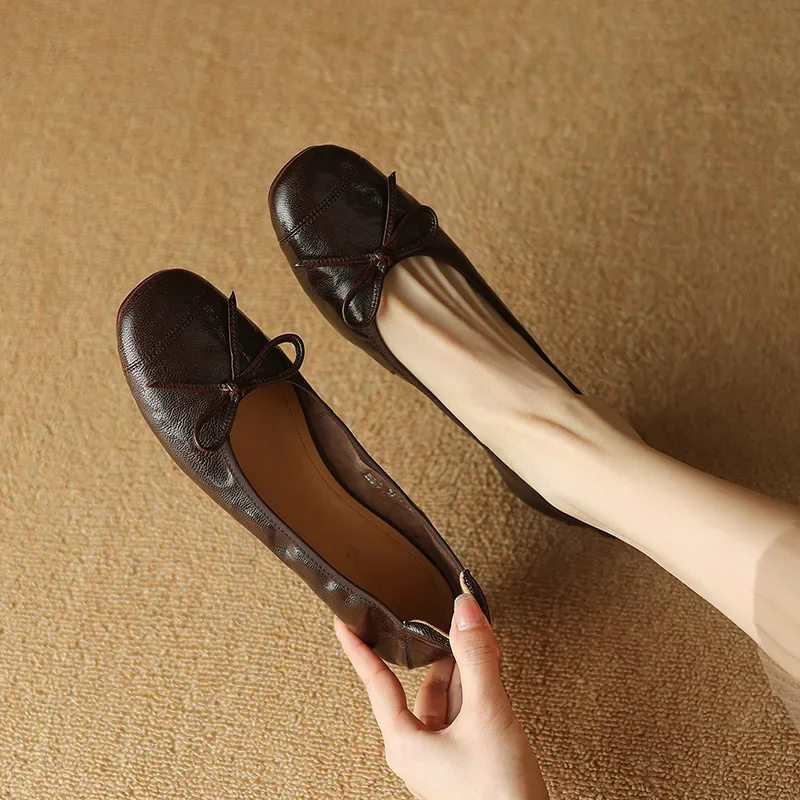 Soft sheepskin retro bow round toe women's spring and autumn bean shoes ballet thick heel mid heel soft soled shoes