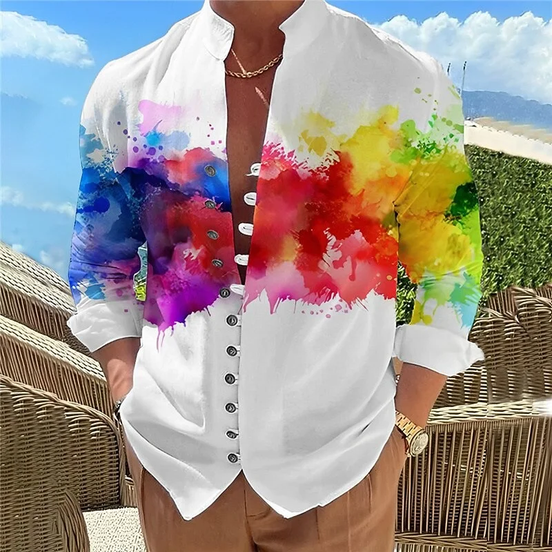 

New Fresh Blue And White Ice Pattern Gradient Men's Long Sleeve Shirt, Vacation Style, Casual Loose Shirt
