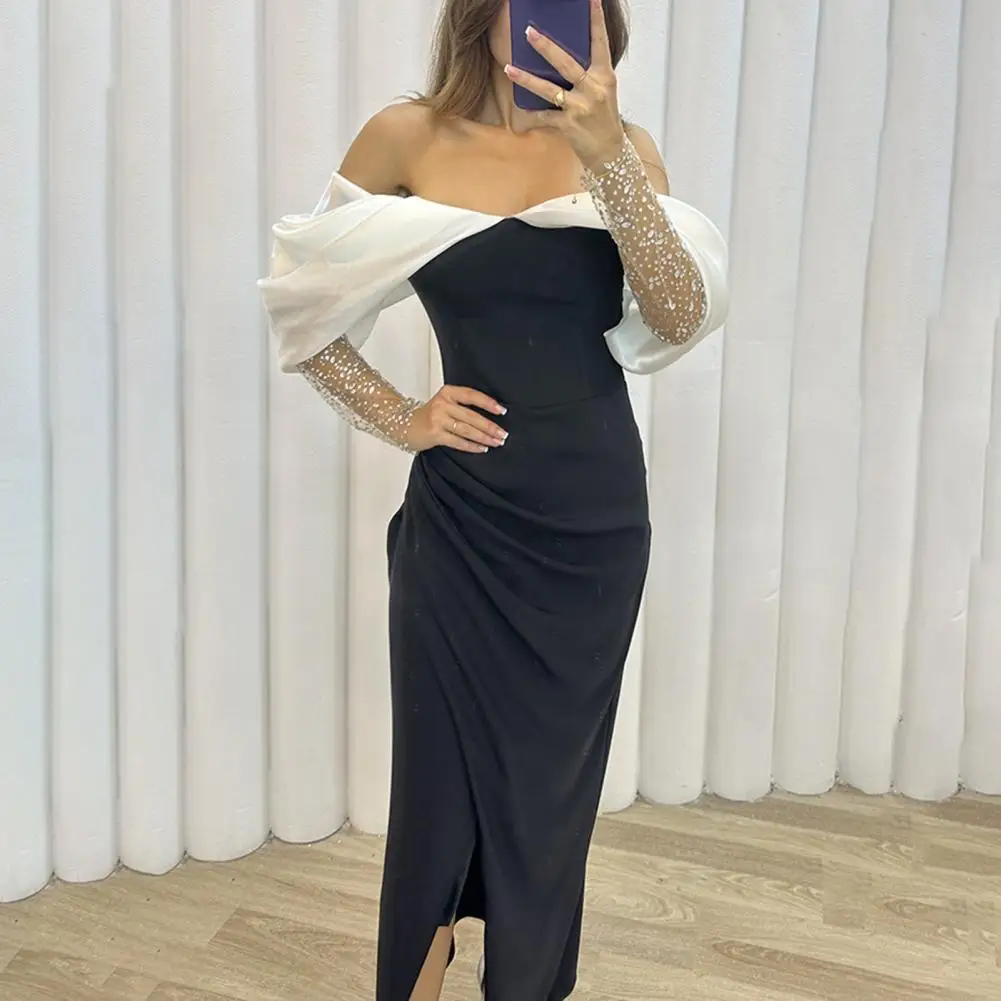 

Lady Long Dress Elegant Off Shoulder Maxi Dress with Mesh Sleeves for Prom Wedding Cocktail Party Women's Evening Gown
