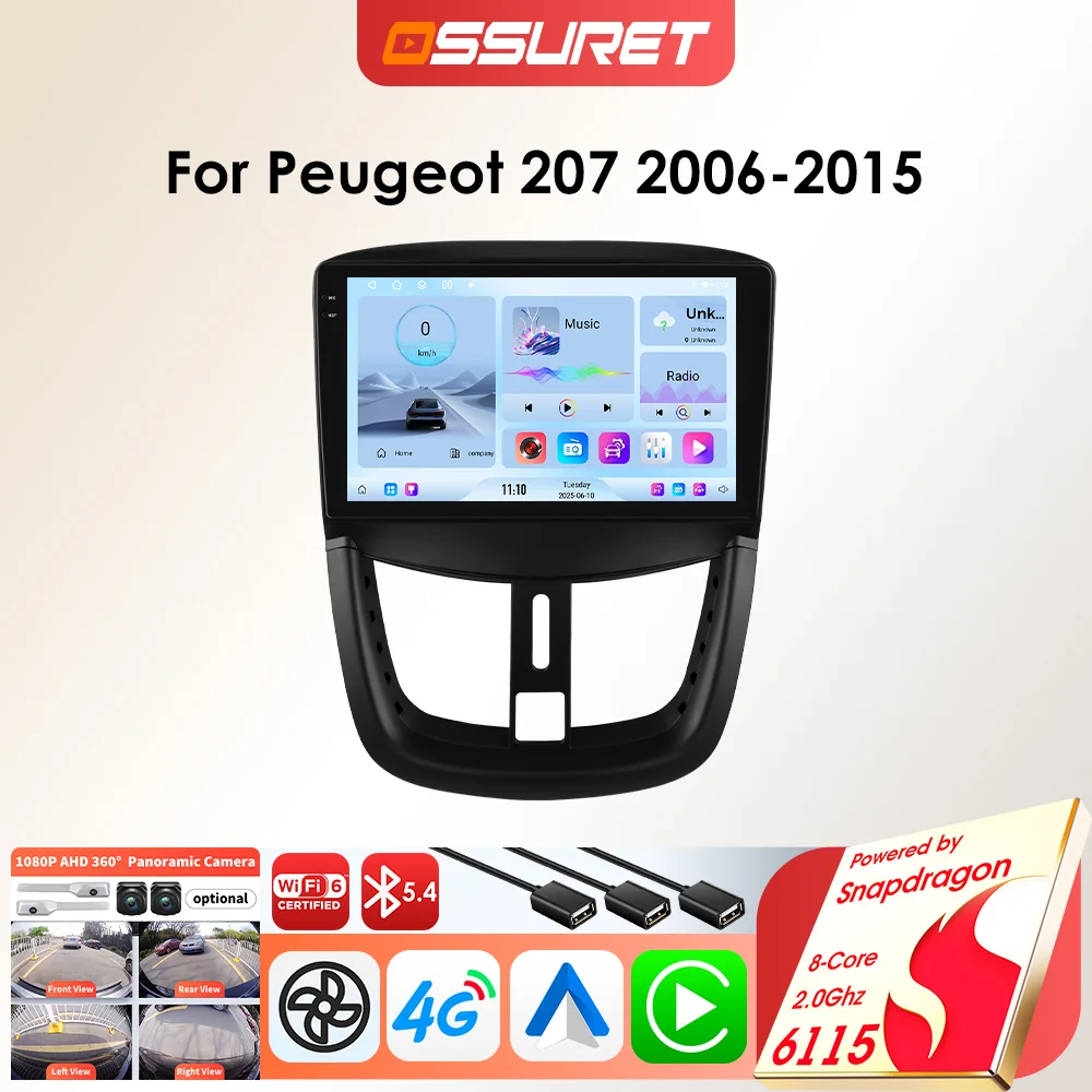 OSSURET 6115 Android Autoradio Speler voor Peugeot 207 207CC SW 2006-2015 draadloze Carplay Auto 2DIN 8 core Auto Multimedia 360 cam - afbeelding 2