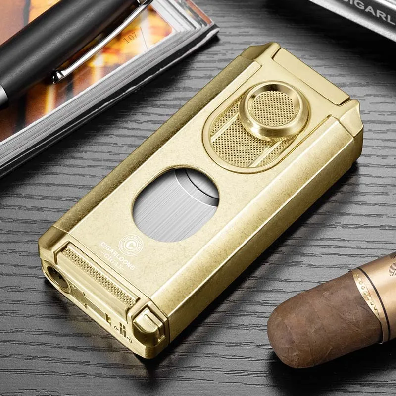 

3 in 1 Cigar Lighter Windproof Triple Blue Flame Portable Travel V Cutter Holder Cigar Support Inflatable Smoking Accessories