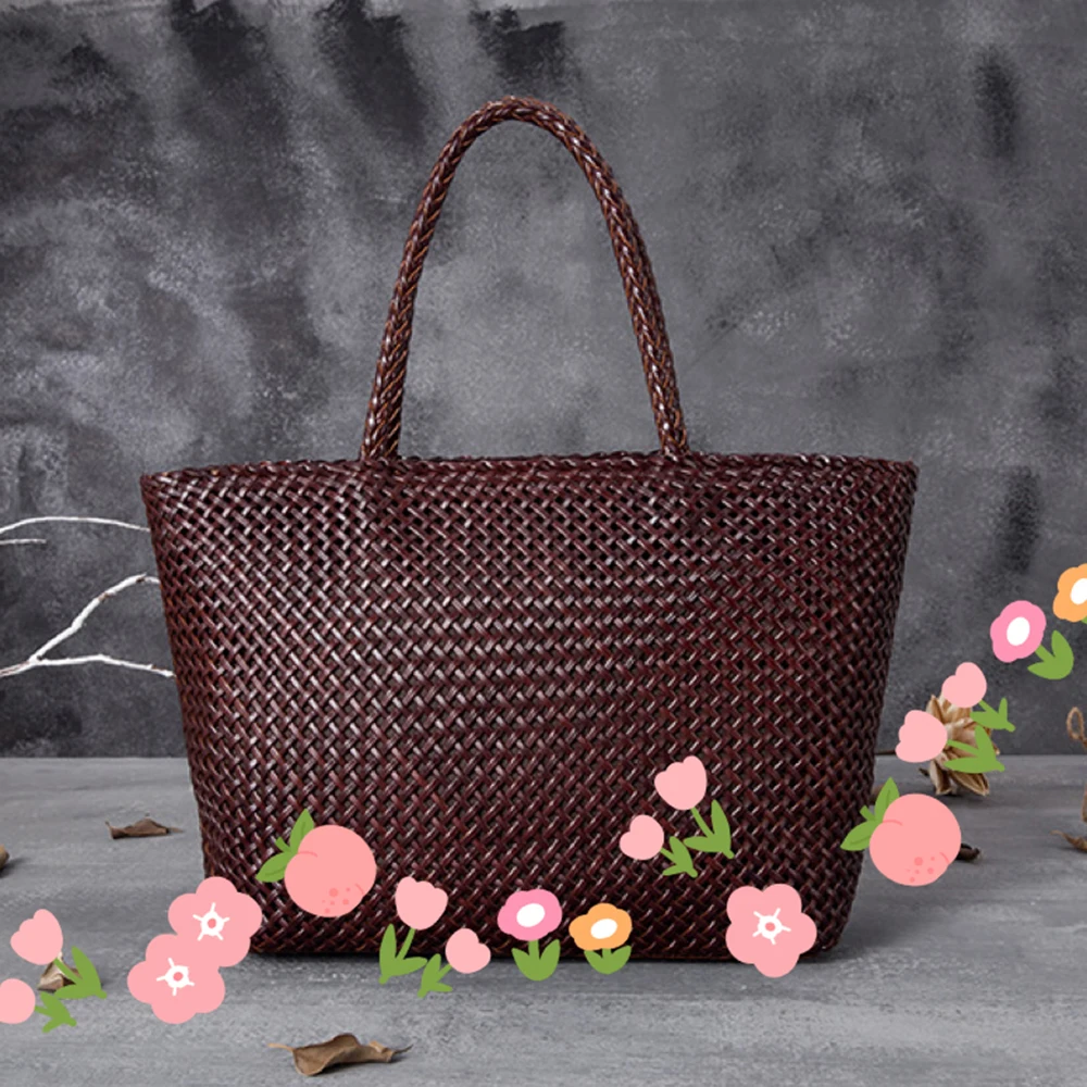 

Women Leather Handbag Romantic Big Handmade Woven Totes Female Cowhide Big Holiday Bucket Bag Causal Beach Shoulder Handbags