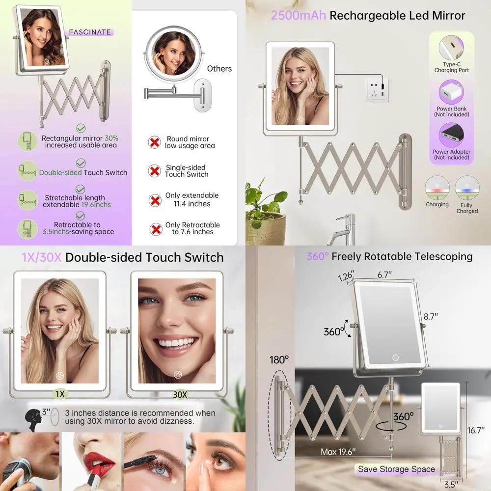 مرآة مكياج LED مزدوجة الجوانب 8.7، تعمل باللمس، تكبير 1X/30X، 3 أضواء ملونة، ذراع قابل للتعديل، 360 درجة ° دوران، النيكل #1