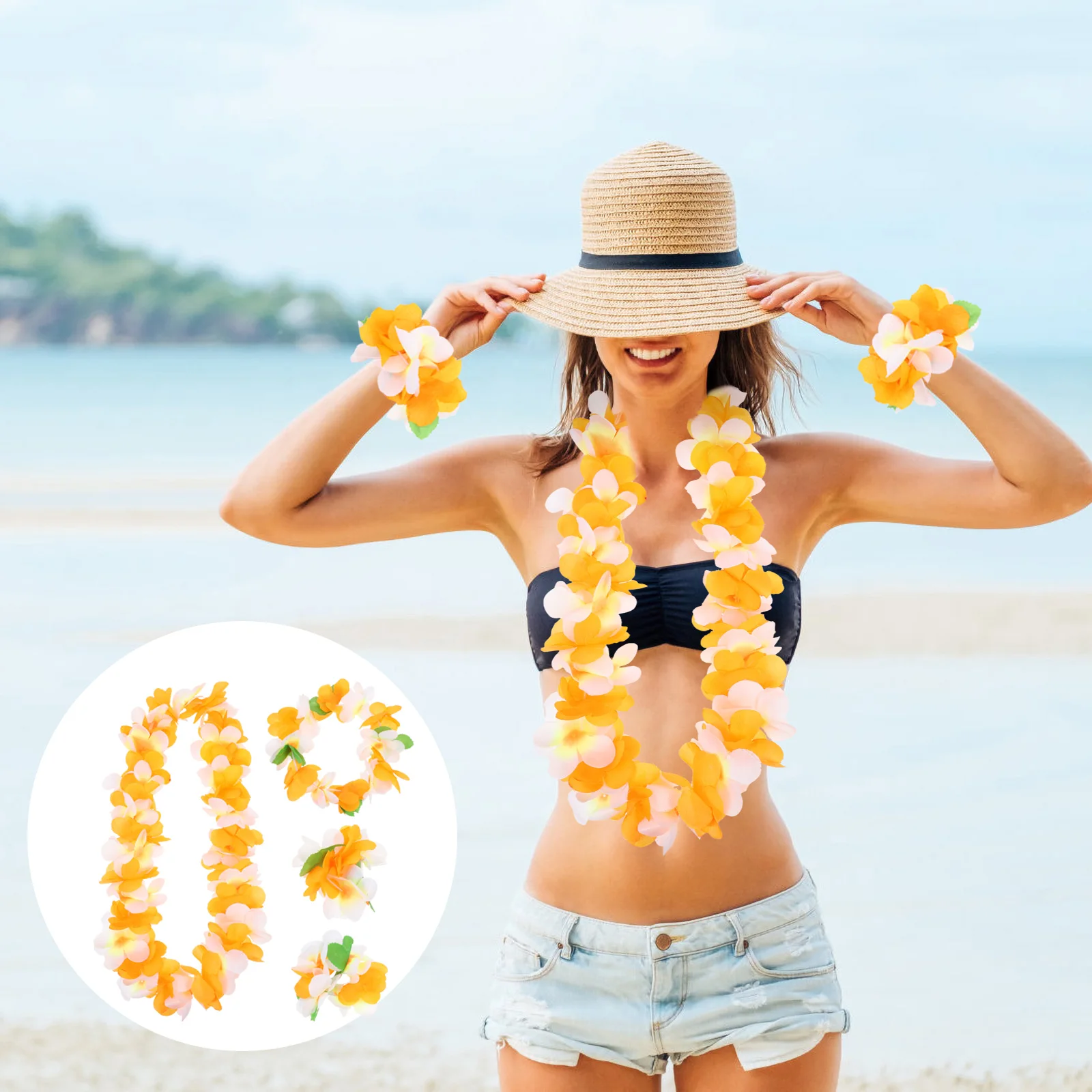 

1 set Hawaiian Leis Set Bright Flowers Lightweight Comfortable Neck Decor Party Festival Garlands Soft Easy
