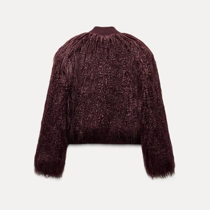 Autumn Winter New Women's round Ne Long Sve Single Button Artificial Fur Effect Knitted Jaet Straight Cut ort Length