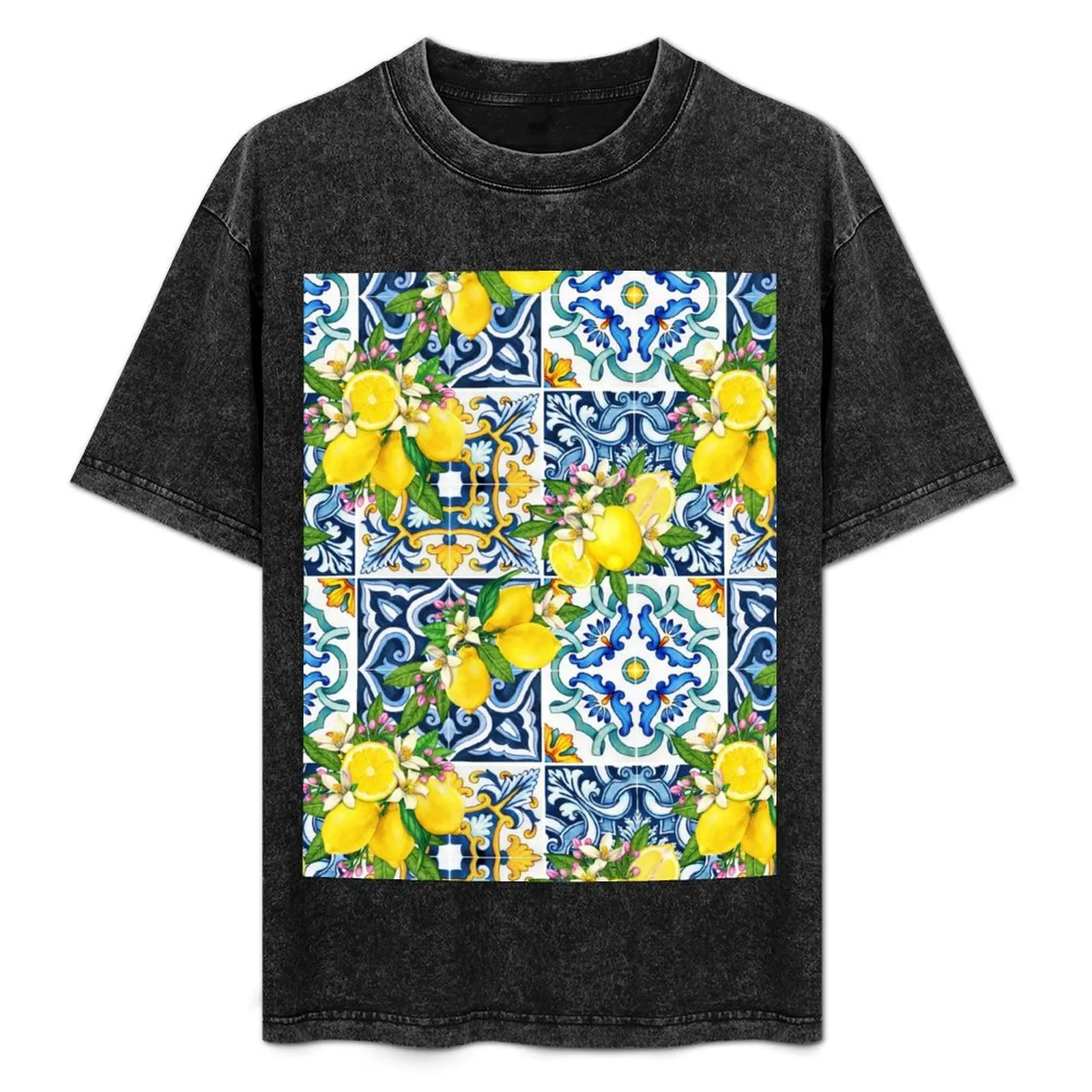 

Bright Mediterranean Sicilian Tiles with Citrus Lemons T-Shirt Big Size Daily Wear T-Shirt