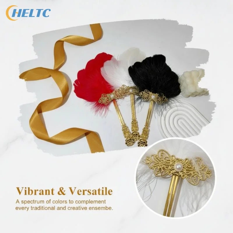 1Pcs Gold Handle Colorful Vintage Fluffy Feather Hand Fan Chinese Style Fairy Fan Dance Fan Stage Performances