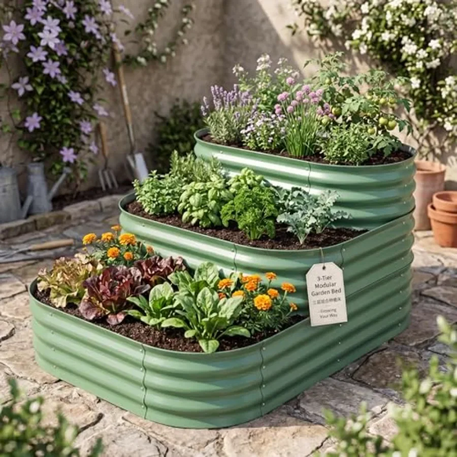 61x42x31 Inch Galvanized Raised Garden Bed, 3-Tier Outdoor Metal Planter Box for Vegetables Herbs Flowers, Modular Design with